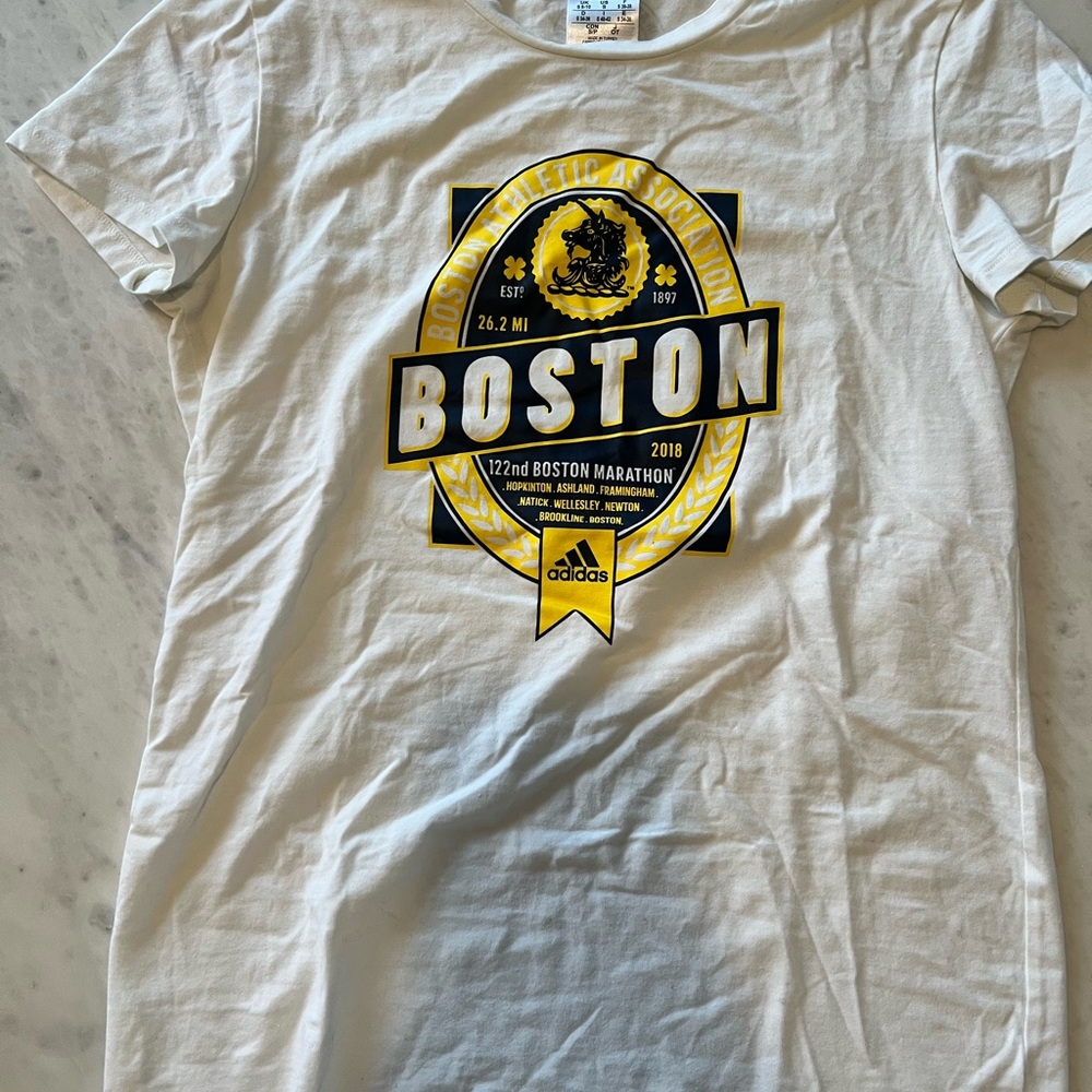 Adidas Boston Marathon White Tee with Gold Accents